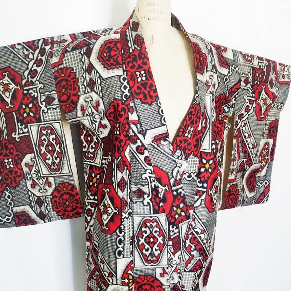 Antique Japanese Silk Kimono Unique Geometric Design Made Japan Vintage Unisex - Picture 2 of 6